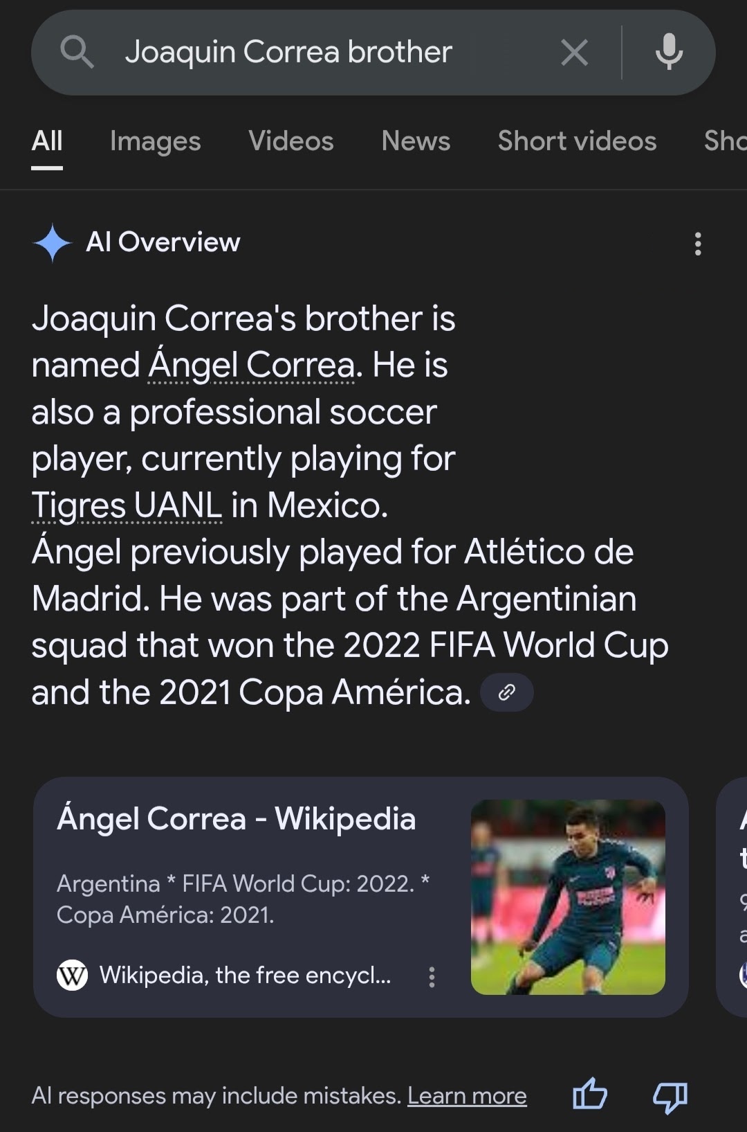 AI Overviews result for Joaquin Correa brother, 10 August 2025