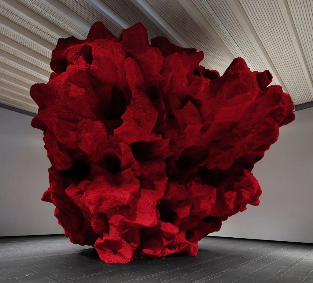 a vast, dark red mass like a meteorite fills a white-walled interior space