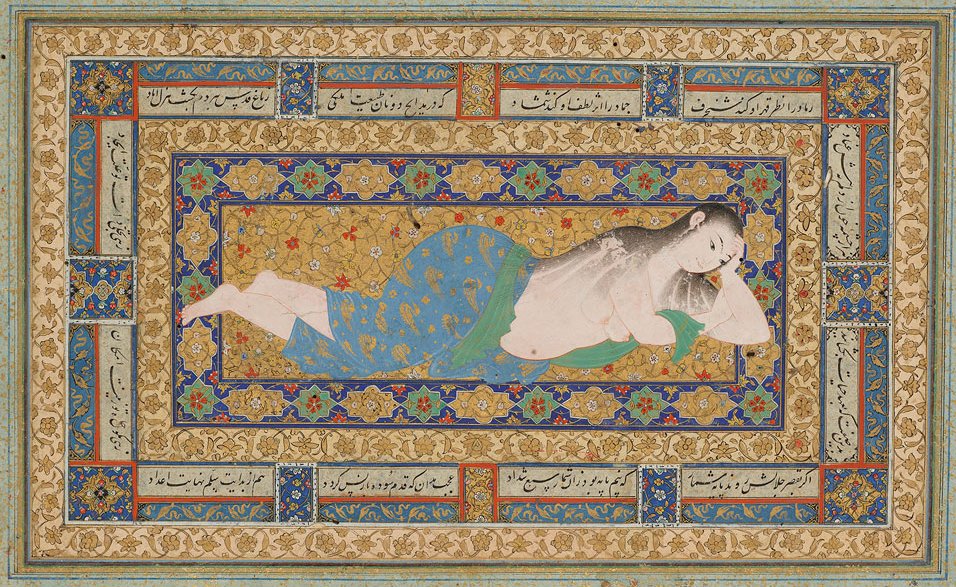 A Young Lady Reclining After a Bath, Leaf from the Read Persian Album Herat (Iran), 1590s. By Muh...