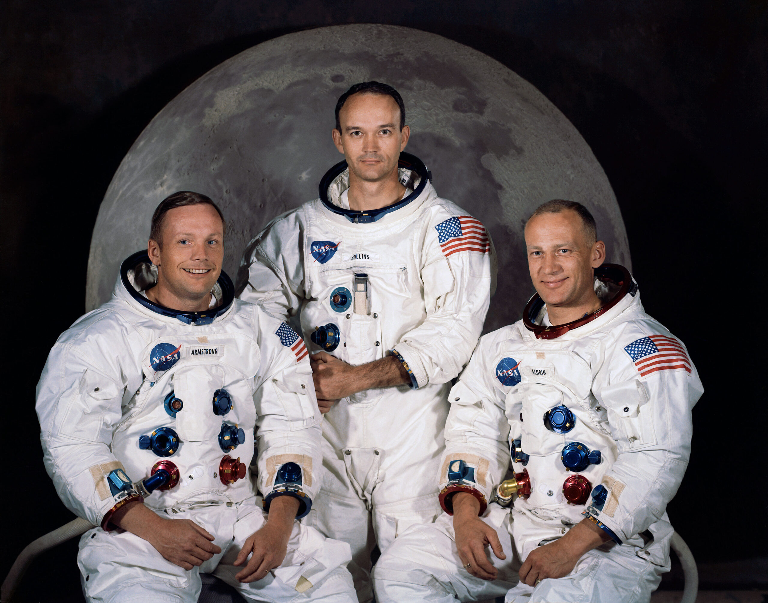 The Apollo 11 lunar landing mission crew, pictured from left to right, Neil A. Armstrong, command...