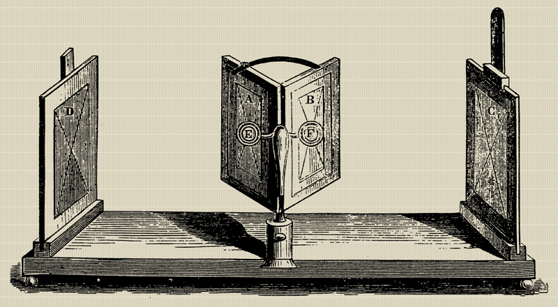 Stereoskop Charlesa Wheatstone'a - drzeworyt lata czterdzieste XIX w. (autor nieznany).