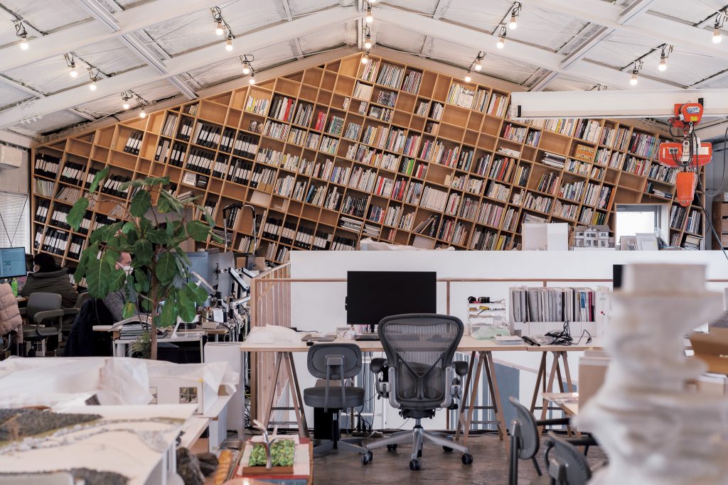 The library and workspace at Sandwich, Kohei Nawa’s multidisciplinary creative platform in Kyoto. Housed in a renovated former factory, the studio brings together artists, architects, designers, and researchers in a collaborative environment.