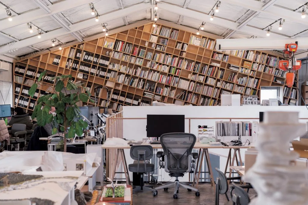 The library and workspace at Sandwich, Kohei Nawa’s multidisciplinary creative platform in Kyoto. Housed in a renovated former factory, the studio brings together artists, architects, designers, and researchers in a collaborative environment.