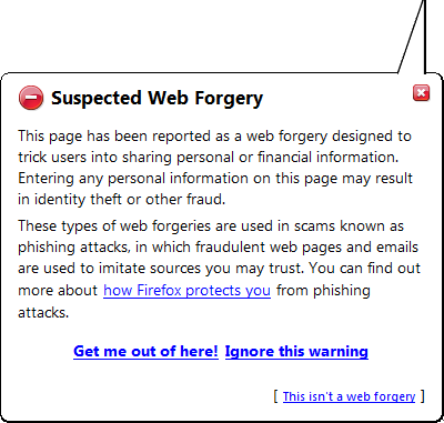 Screenshot of Firefox 2.0.0.1 Phising suspicious site warning