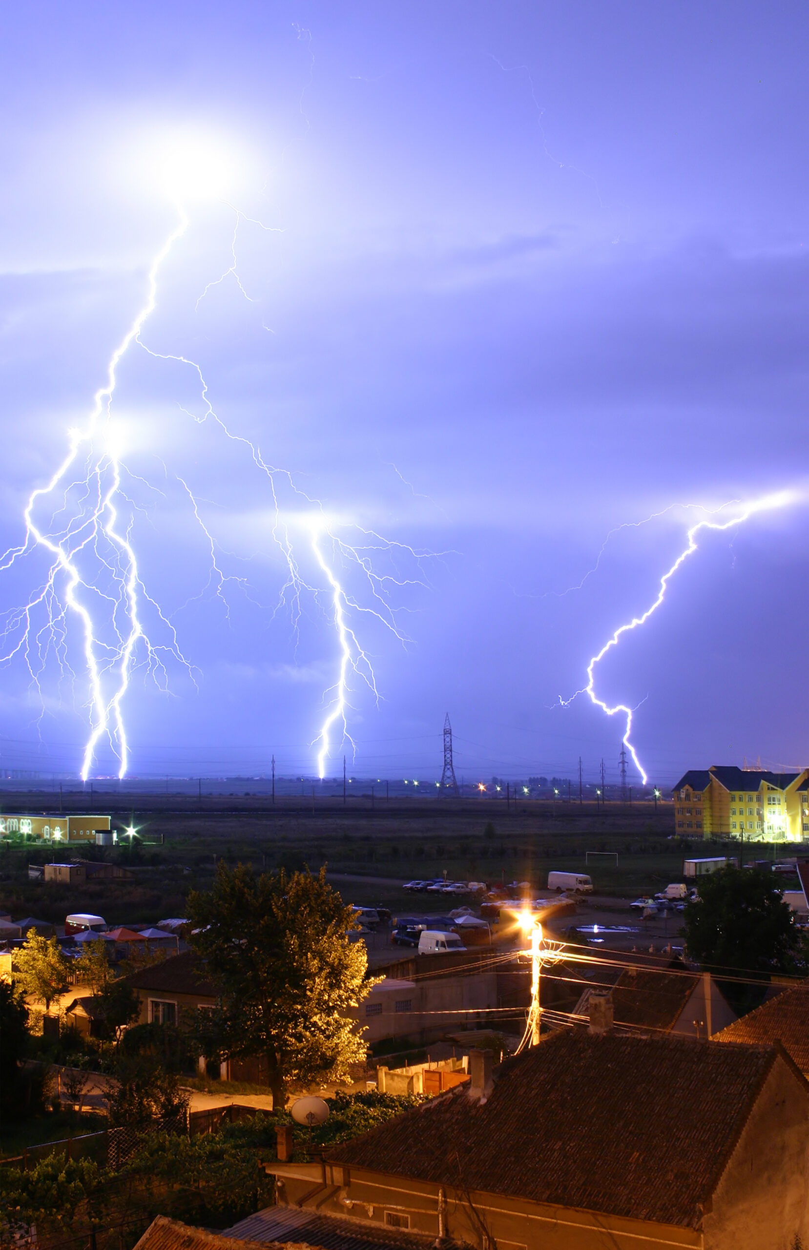Lightning over the outskirts of Oradea, Romania, during the August 17, 2005 thunderstorm which we...