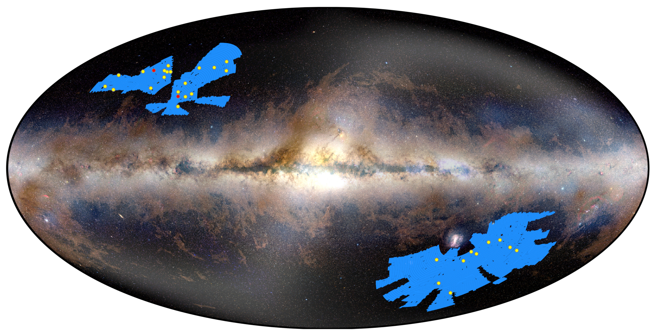 An oval-shaped all-sky map fills the frame in muted blues and purples, with a bright, dense white and yellow band stretching horizontally across the middle. Small yellow dots are scattered across the upper and lower portions of the oval, with two red dots standing out among them, one on each side of center.