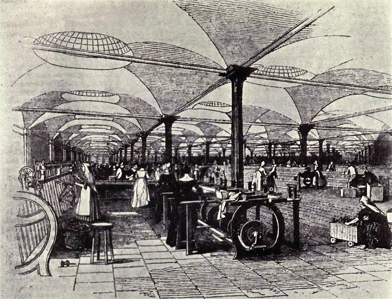 Drawing of Marshall's Mills, Holbeck showing operators at their machines. From the Penny Magazine...