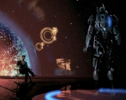 Mass Effect 2 oyunu esnasında alınan ekran yakalama görüntüsü. Komutan Shepard ve Illusive Man'in...