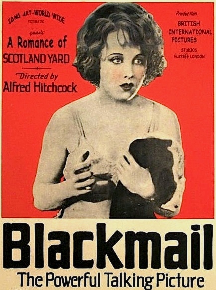 Alfred Hitchcockun yönettiği 1929 yapımı Blackmail filmi için hazırlanan orijinal ABD sinema salonu vitrin kartı.