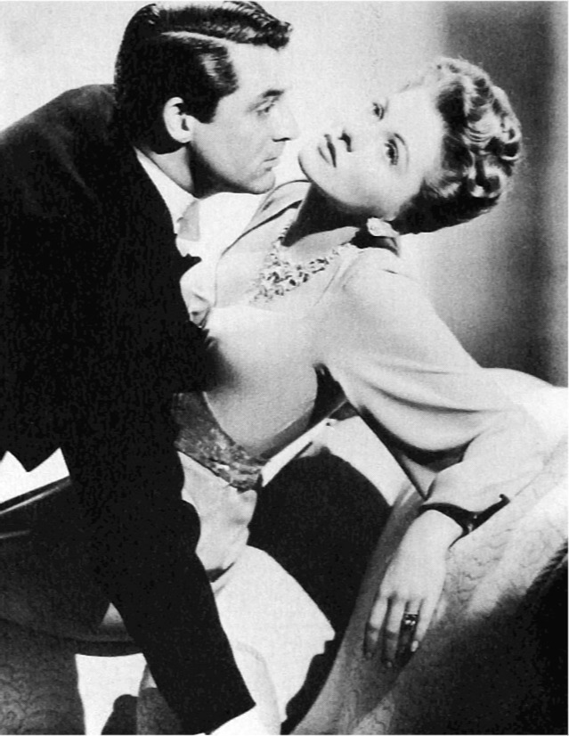 1941 yapımı Suspicion filmi reklamında, ticari yayınlarda yer alan Cary Grant ve Joan Fontainein fotoğrafı.