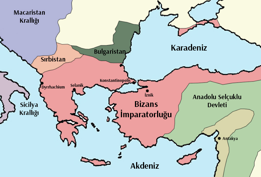 Angelos Hanedanının son dönemine ait, Bizans İmparatorluğu sınırlarını tasvir eden detaylı ve kapsamlı bir harita.