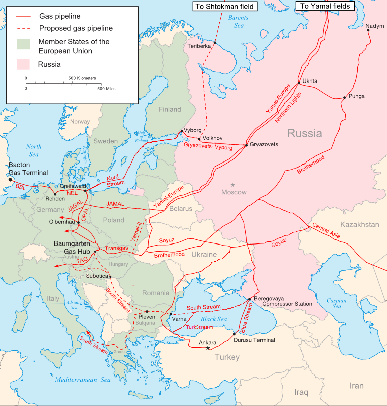 Avrupa genelindeki mevcut ve planlanan ana Rus doğal gaz nakil boru hatlarını gösteren kapsamlı harita.