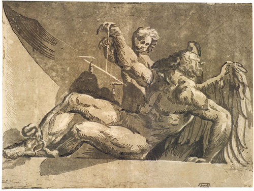 Satürn; siyah ve çeşitli gri tonlarında, dört kalıptan üretilen chiaroscuro tekniğiyle hazırlanmış ahşap baskı. 31.2 x 42.4 cm.