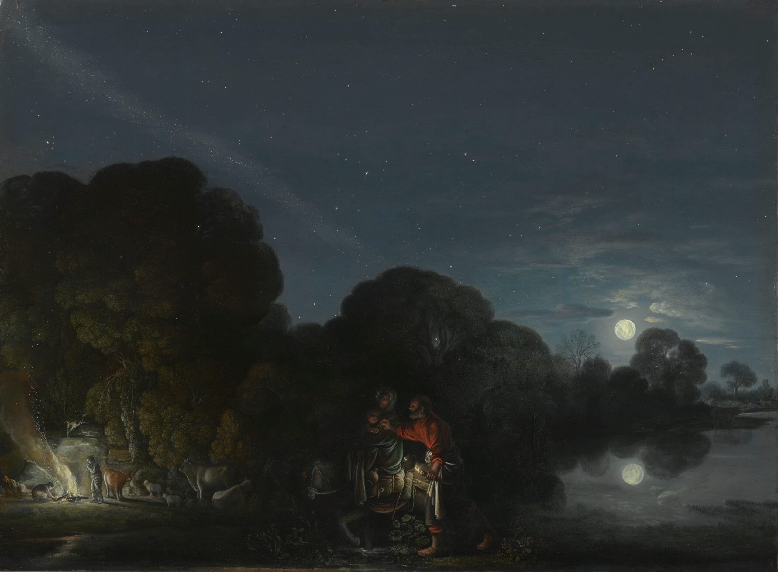 Flight into Egypt sahnesi, Chiaroscuro tekniğinin keskin ışık-gölge kontrastıyla dramatik bir derinlik ve hacim kazanıyor.