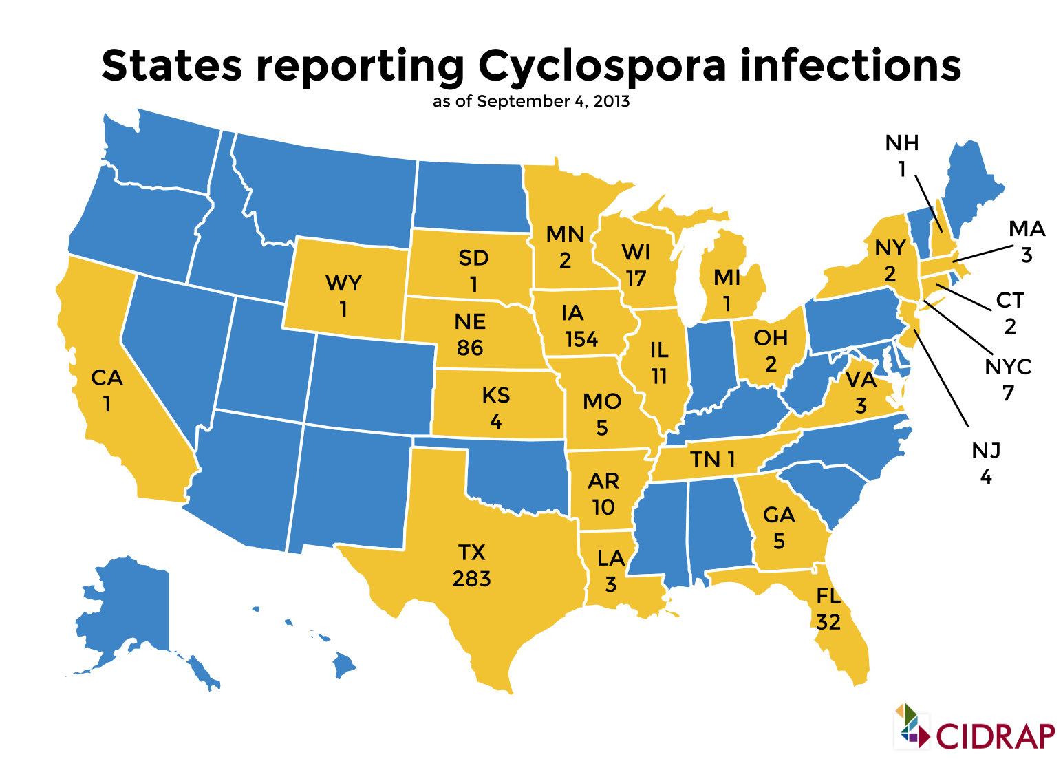 16 Ağustos 2013 itibarıyla; Texas, Iowa ve Nebraska dahil çeşitli eyaletlerde Cyclosporiasis vakaları rapor edilmiştir.