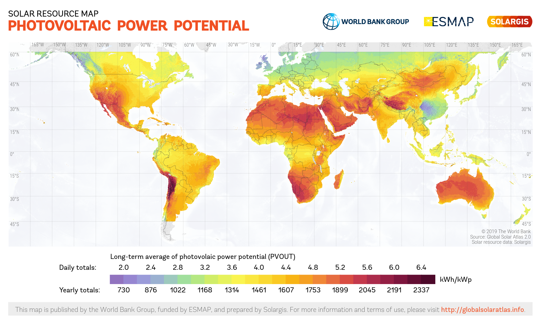 This solar resource map provides a summary of the estimated solar energy available for power gene...