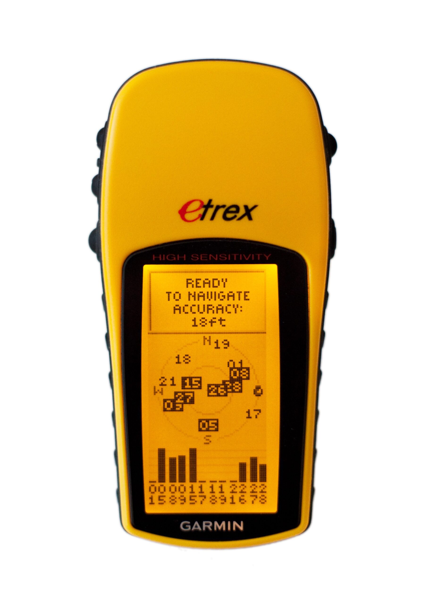 A late-model Garmin Etrex H handheld GPS navigator.