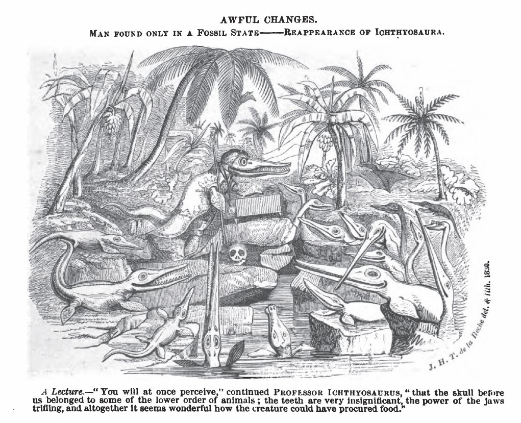 İngiliz jeolog De la Beche tarafından çizilen, Profesör Ichthyosaurus karakterini betimleyen tanınmış bir karikatür çalışması.