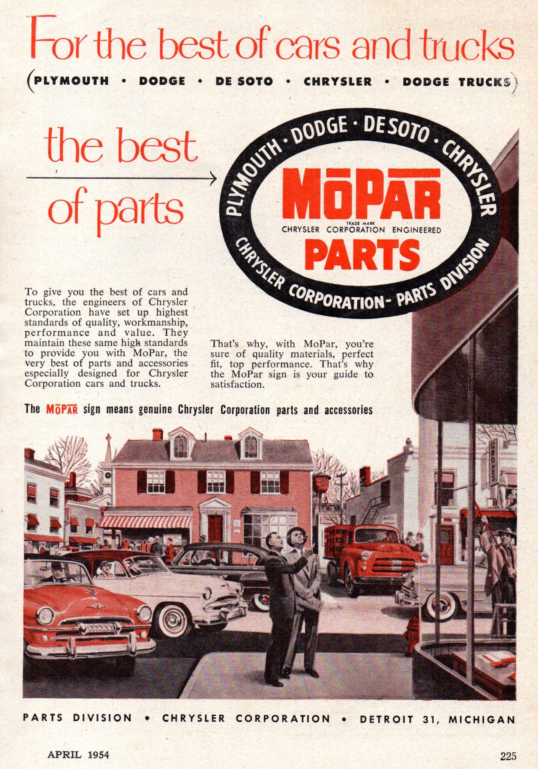 Chrysler Corporationun yedek parça birimi olan Mopar markasına ait profesyonel bir dergi ilanı.