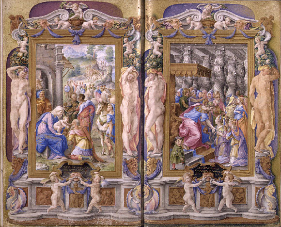 Farnese Hours: Magonlar’ın Adorasyonu ve Şeba Kraliçesi’nin Süleyman’ı Karşıladığı Rönesans dönemi minyatürü.
