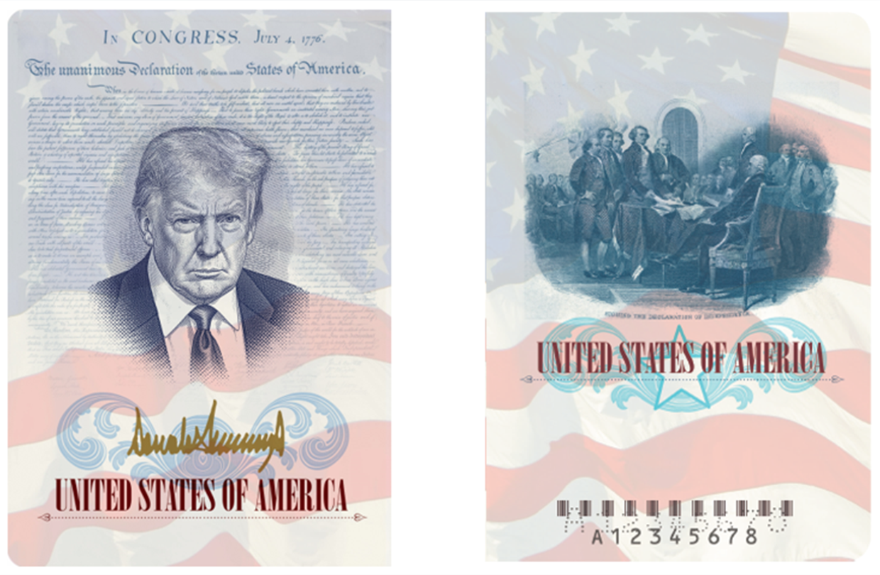 America250 anma törenleri kapsamında tasarlanan Amerika Birleşik Devletleri pasaportunun iç kapak tasarımı.