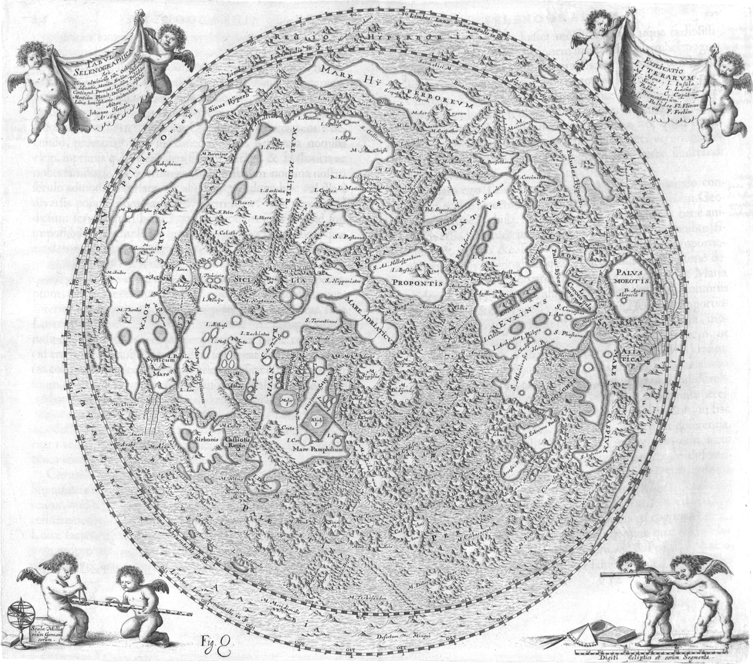 Selenographia, sive Lunae descriptio (1647) eserinden Ay’ın karmaşık coğrafyasını betimleyen tarihi haritası.