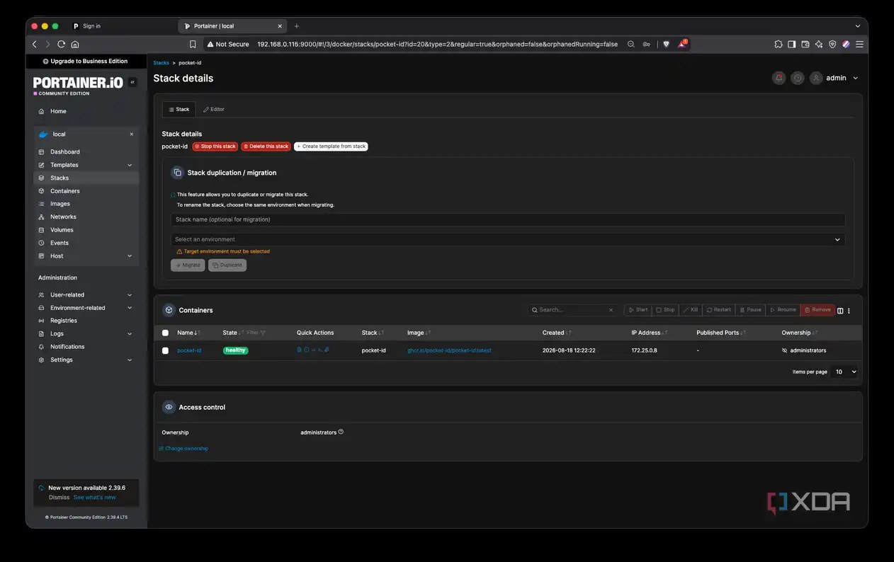 Portainer stack details showing the Pocket ID container running with a healthy status