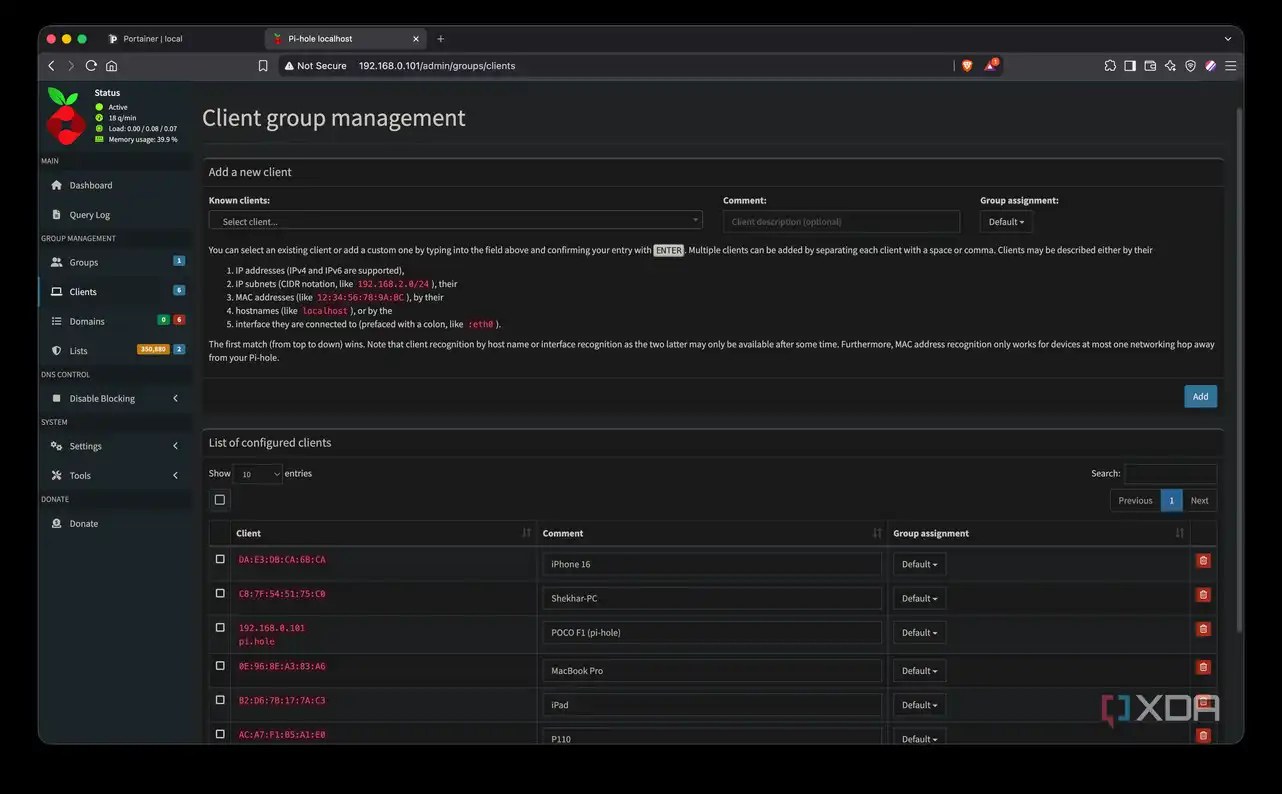 Pi-hole client list showing devices connected to the phone-based DNS server