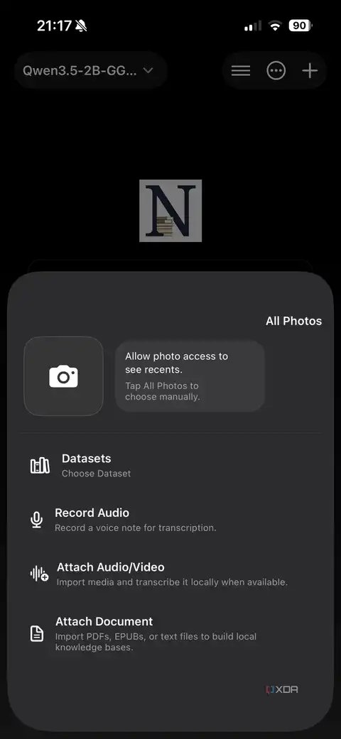 noema chat attachment sheet with datasets record audio and attach document