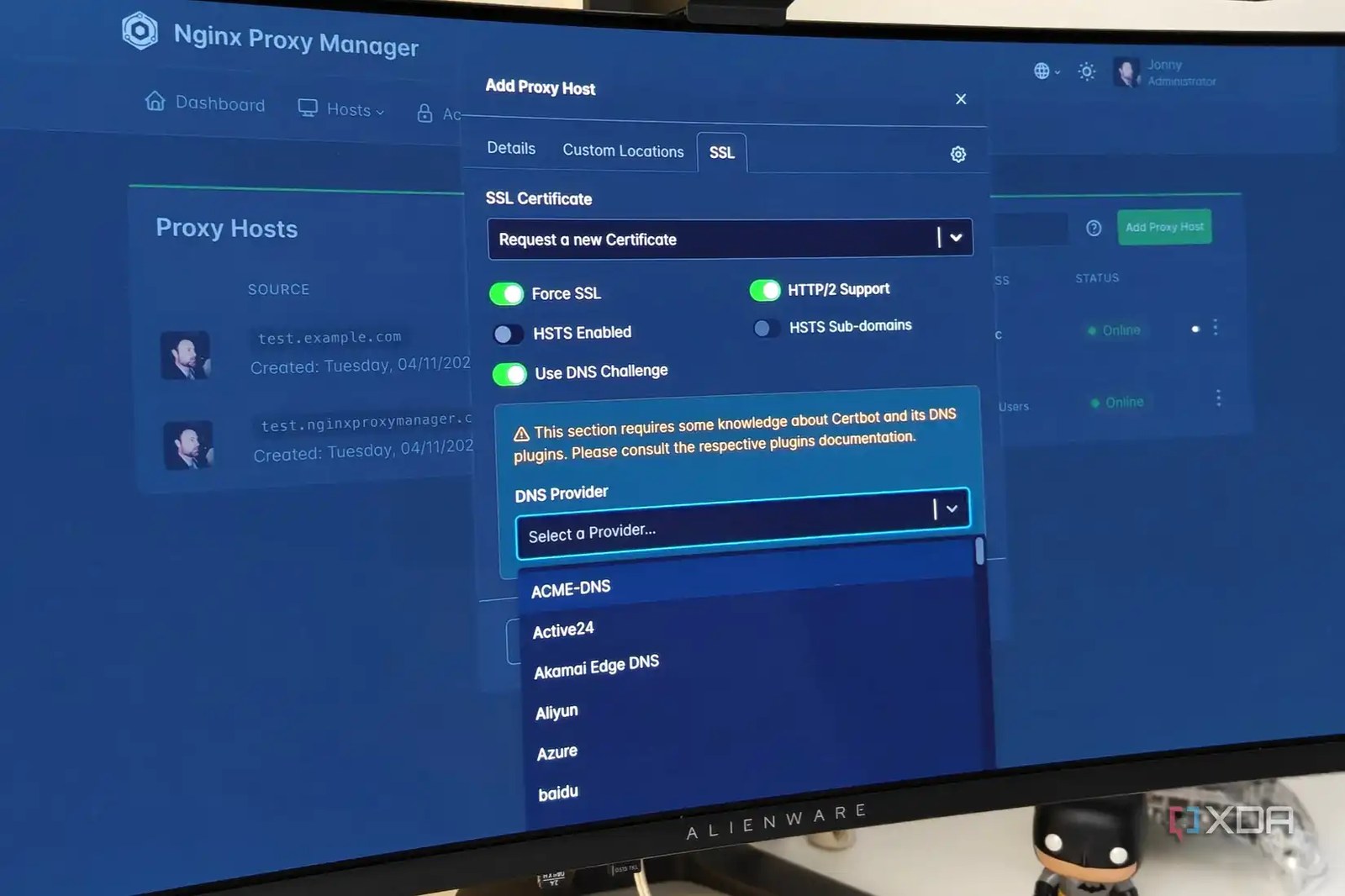 Nginx Proxy Server screen on an ultrawide monitor