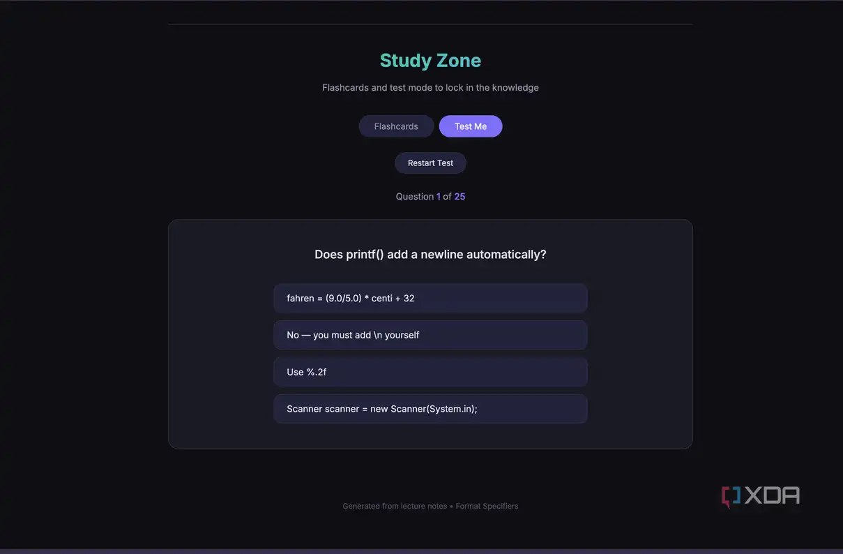 study zone test interface showing multiple choice question about printf function with four answer options displayed on dark background
