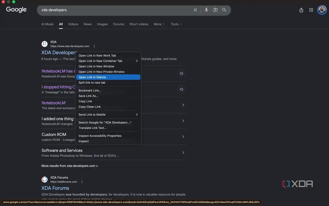 Context menu with Open Link in Glance highlighted