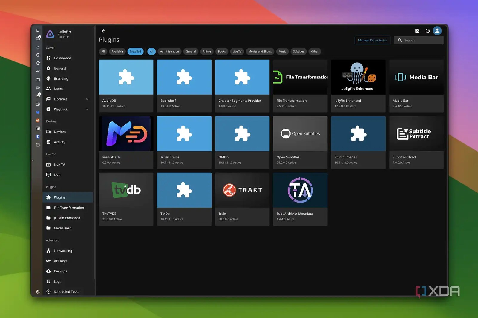 Screenshot of a plugin list in Jellyfin, with MediaDash listed alongisde other plugins