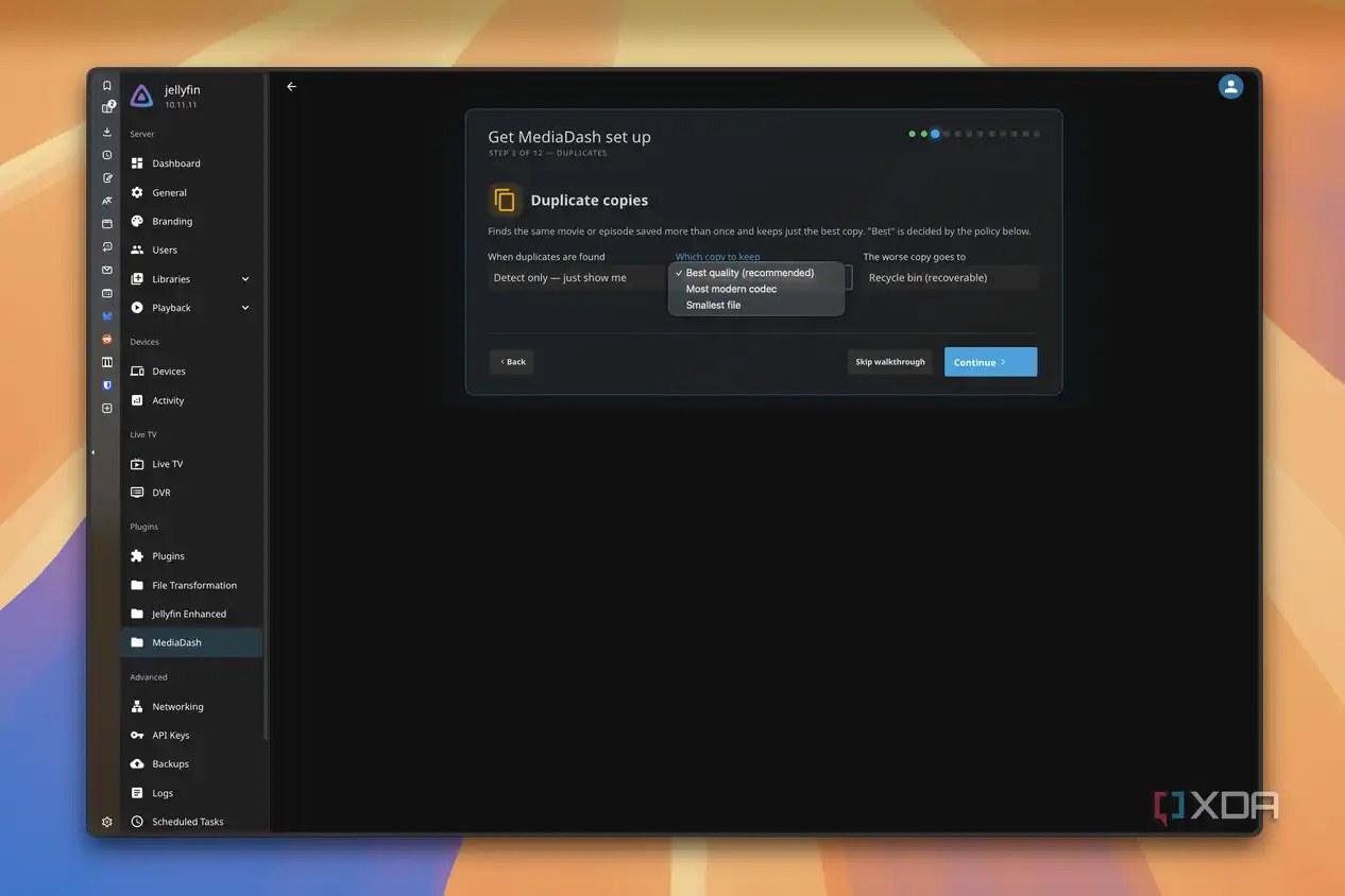 Screenshot of the MediaDash walkthrough showing options for handling duplicate files