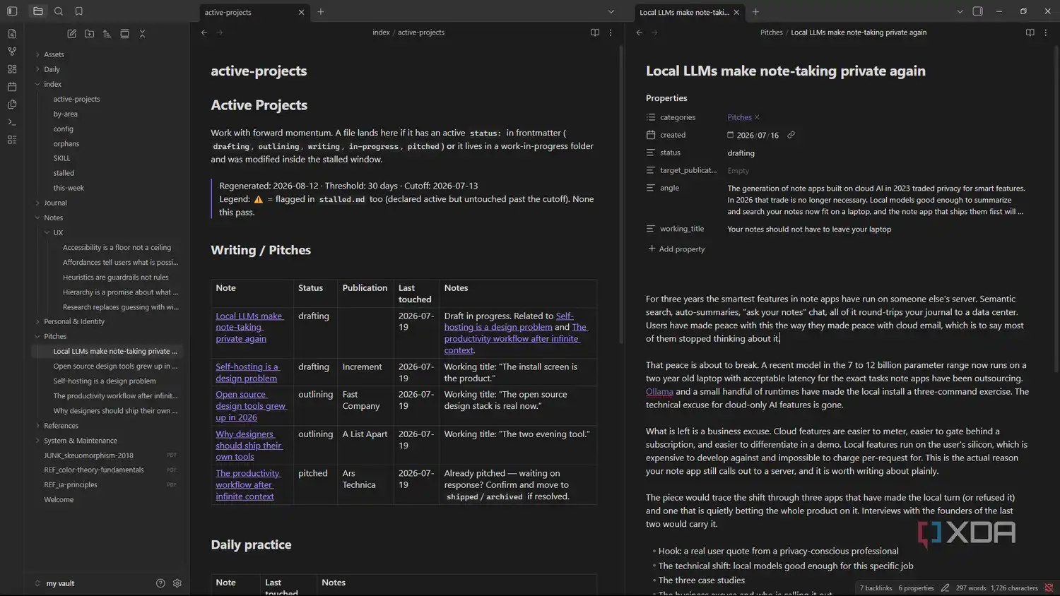 obsidian split view active projects dashboard with local llms pitch