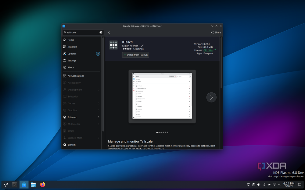 Screenshot of Discover on KDE plasma showing the listing for KTailCtl