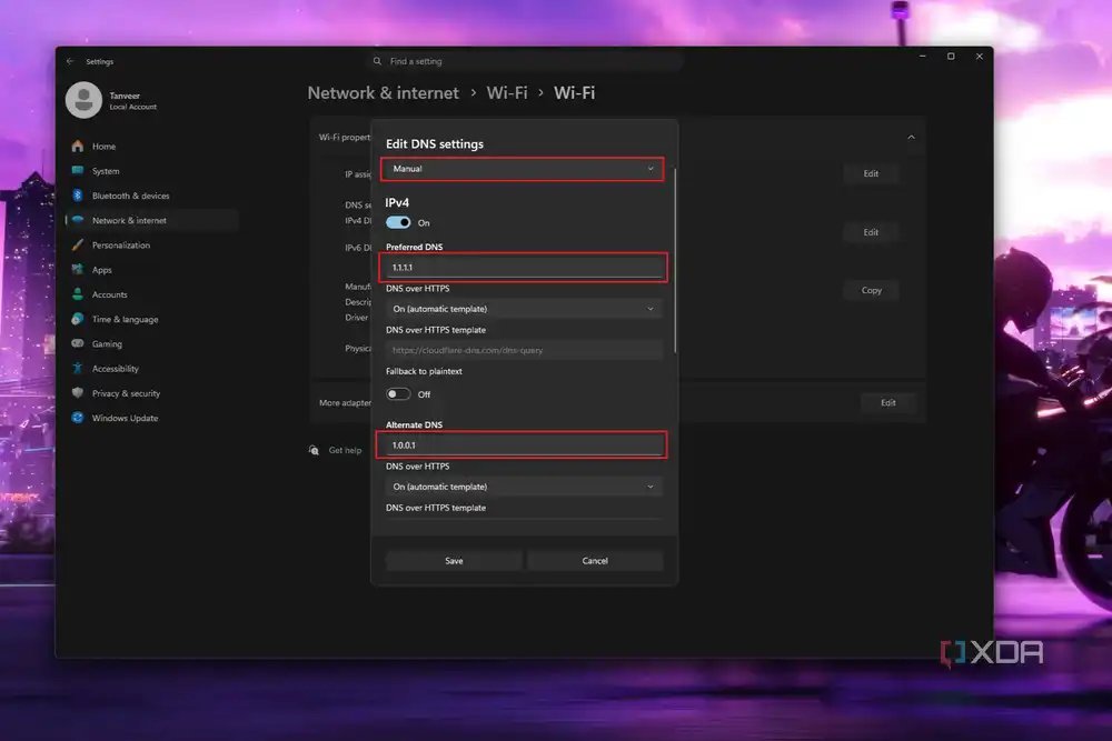 Screenshot of Windows 11 Wi-Fi settings showing manual DNS configuration