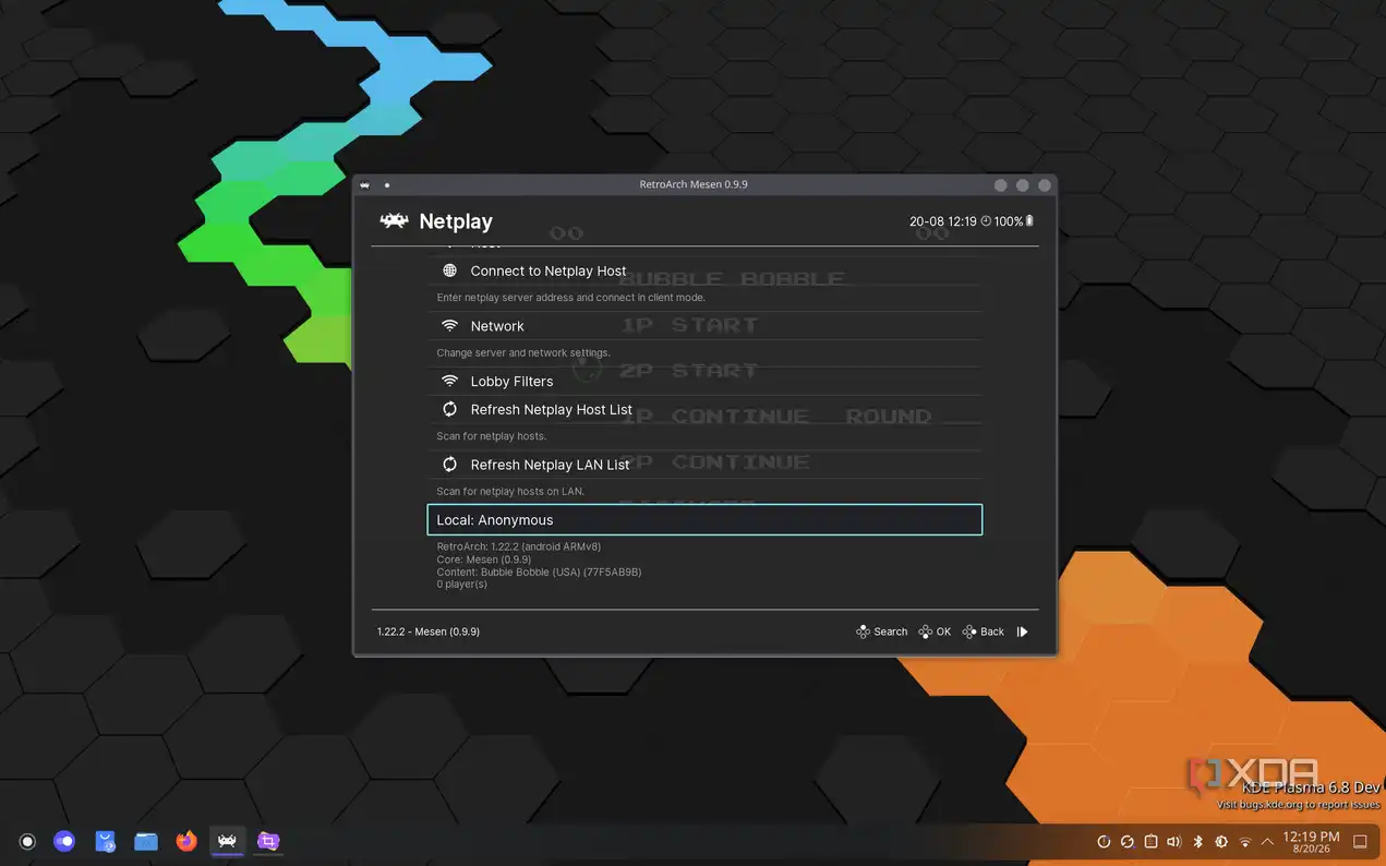 Screenshot of RetroArch showing a server available for Netplay in the current LAN connection