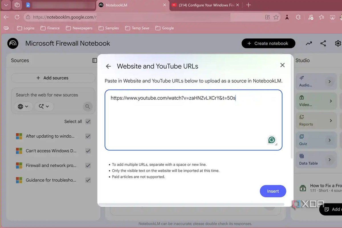 NotebookLM's page to add websites and YouTube links