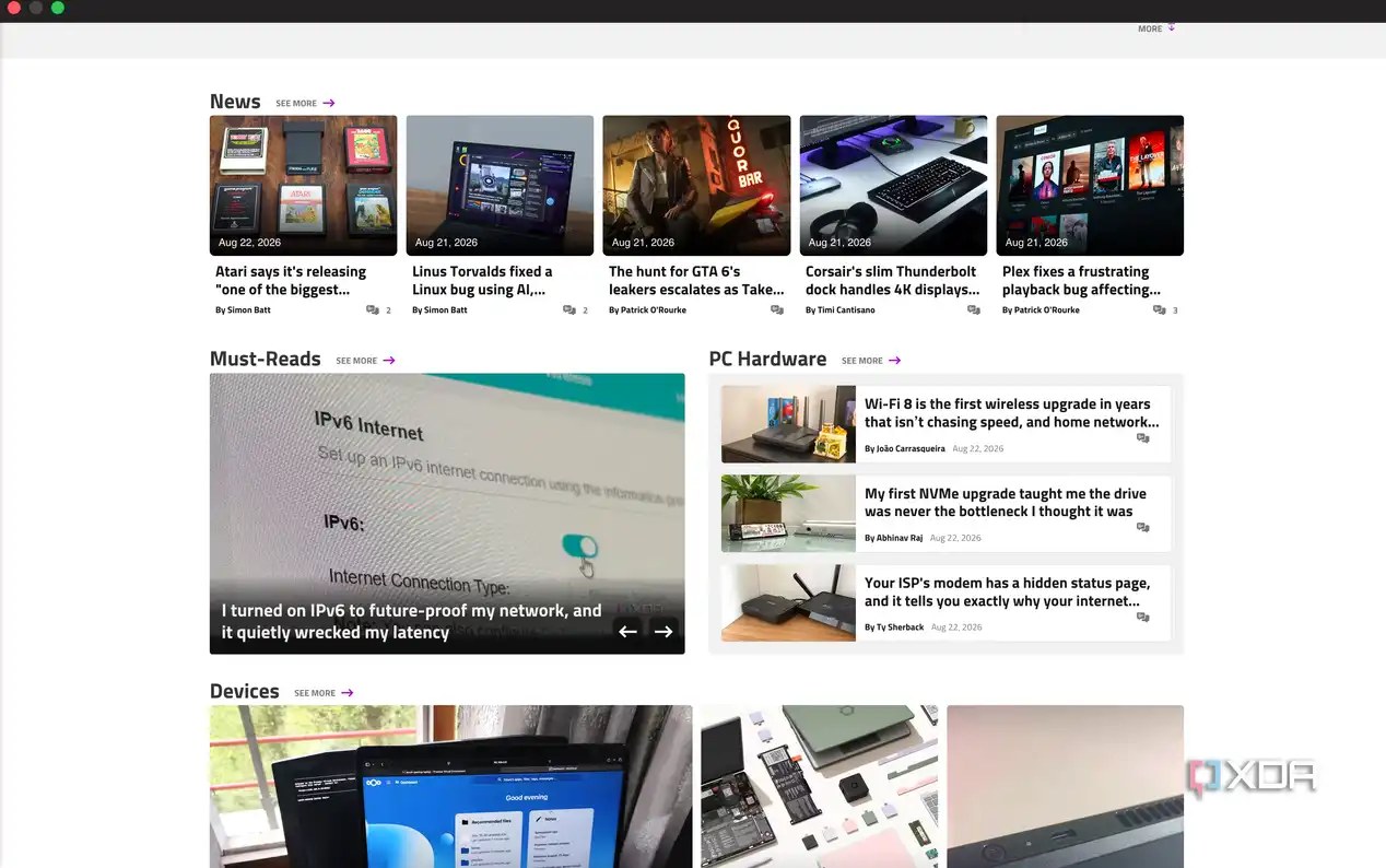 Glance panel showing XDA Developers News and PC Hardware, IPv6 article