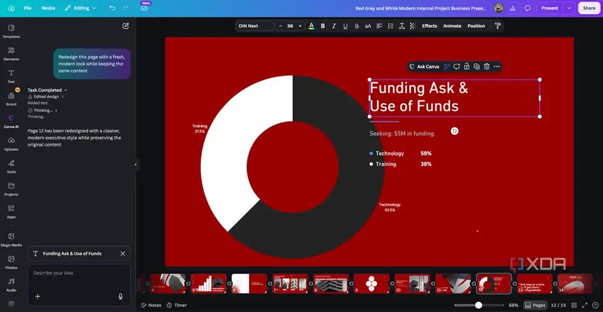 Canva AI redesigning funding ask slide with donut chart