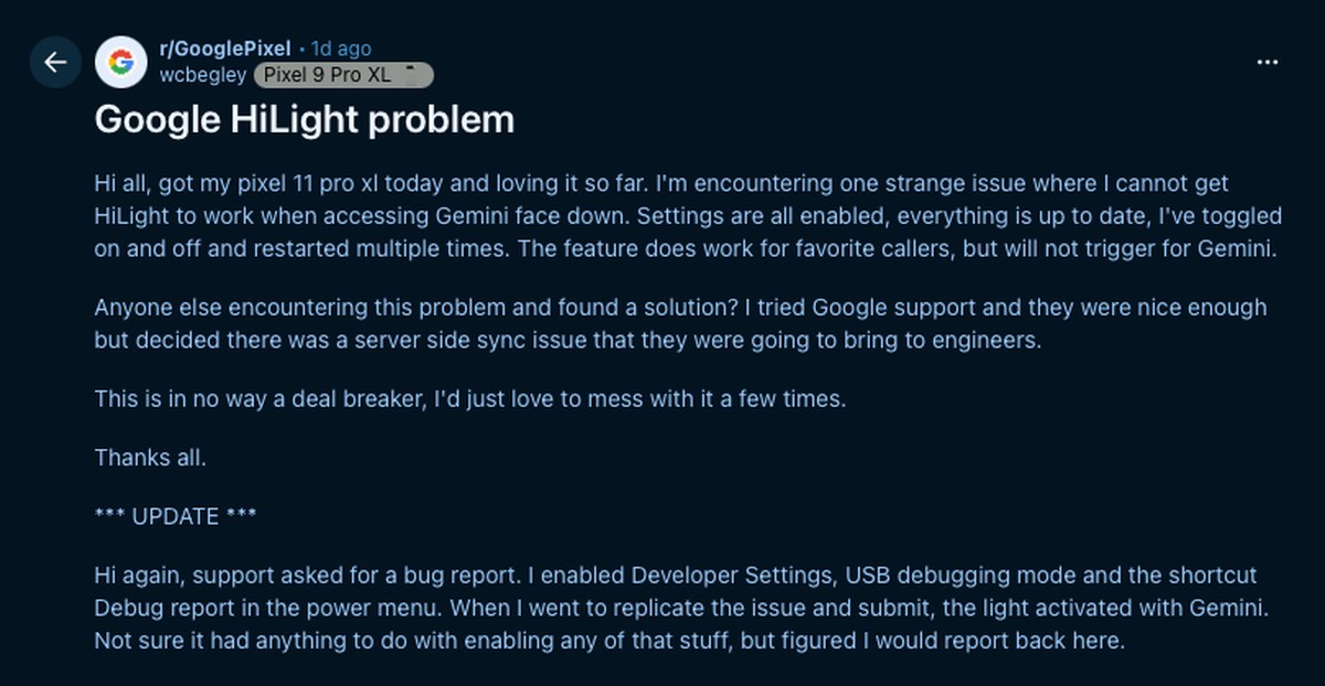 HiLight for Gemini not working for Google Pixel 11 Pro XL user on Reddit HiLight for Gemini not working for Google Pixel 11 Pro XL user on Reddit