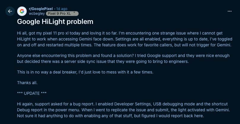 HiLight for Gemini not working for Google Pixel 11 Pro XL user on Reddit