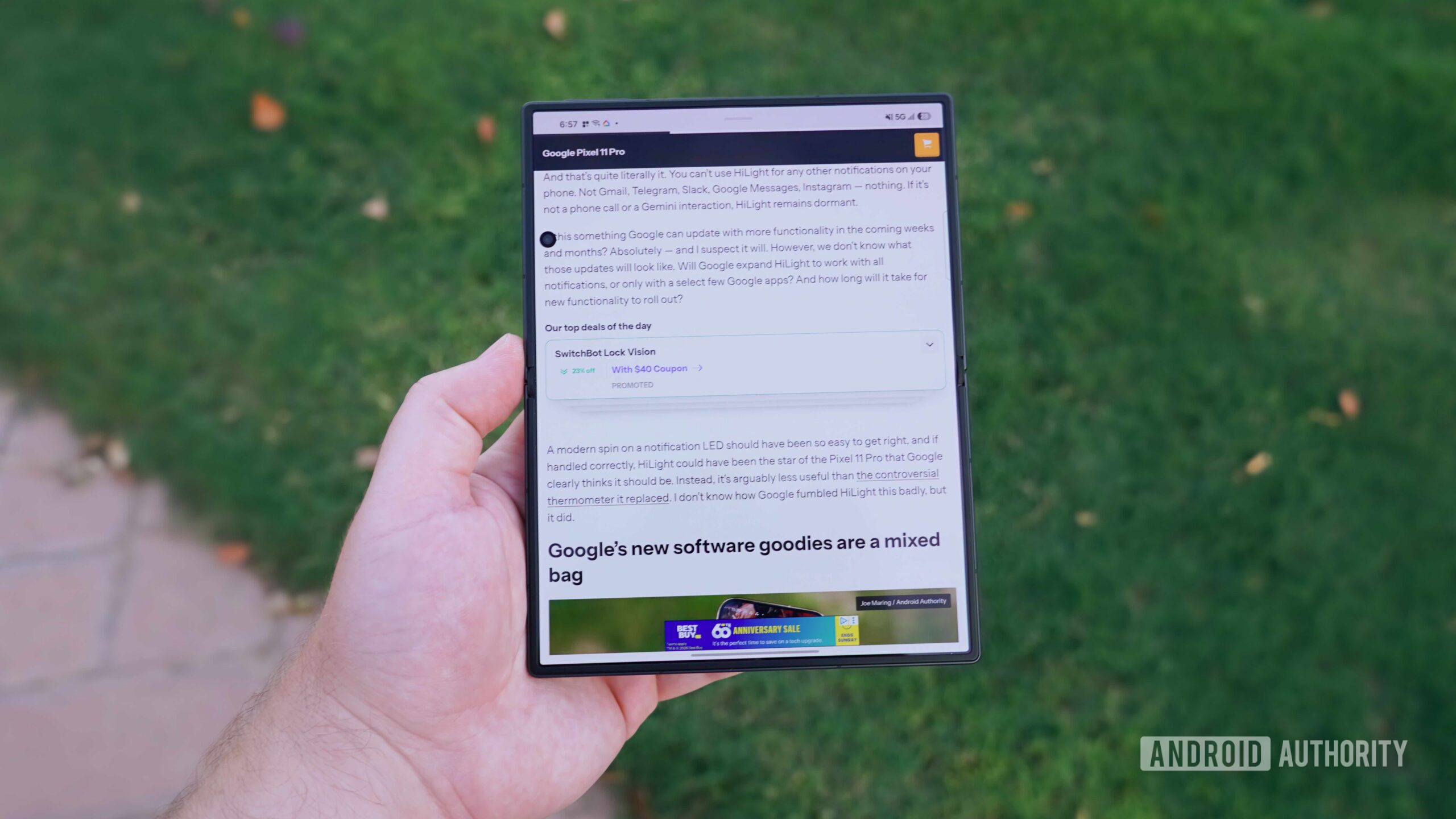A wide shot of the Galaxy Z Fold 8's inner selfie camera getting in the way of text.