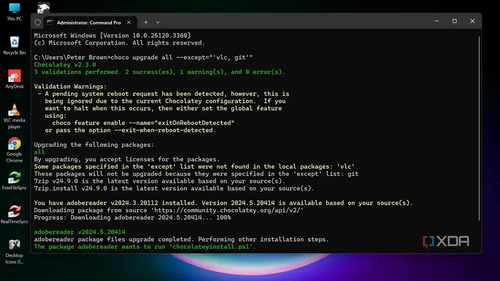 Updating all apps except VLC and Git using Chocolatey