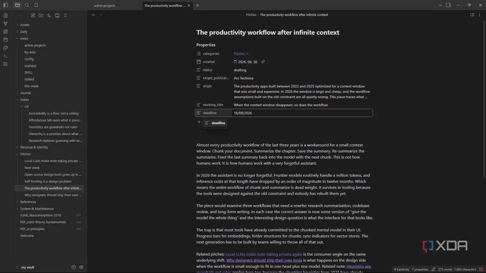 obsidian adding deadline property to productivity workflow pitch