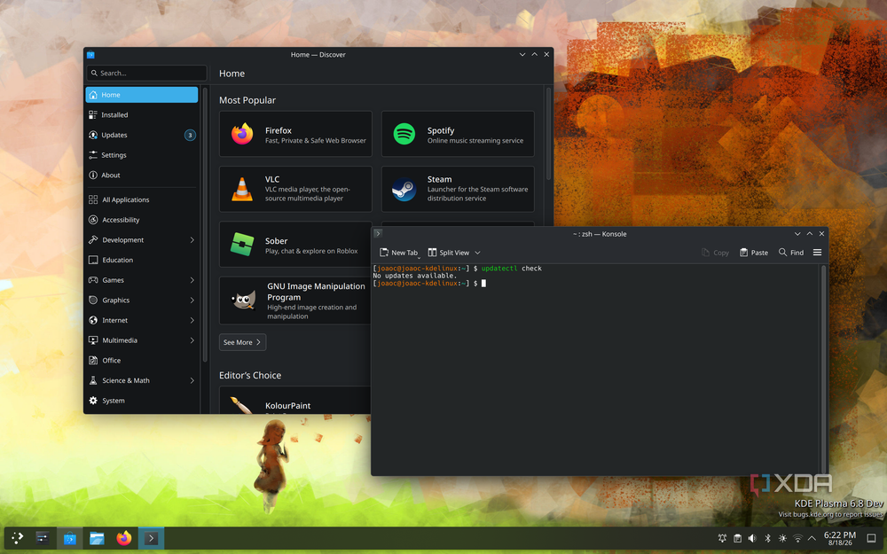 Screenshot of Discover and Konsole running on the KDE Plasma desktop. The terminal shows a command for checking for updates, which returned a result saying no updates are available
