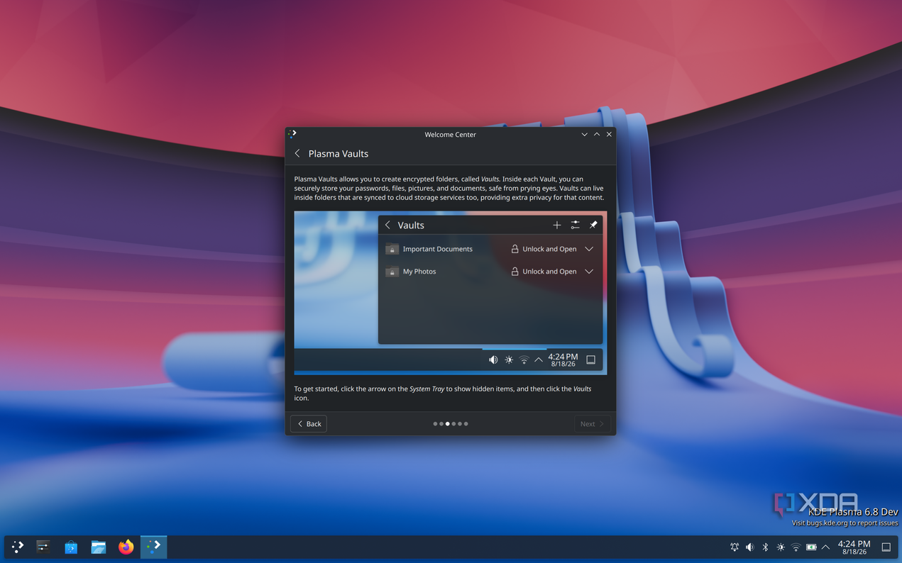 Screenshot of the KDE Linux walkthrough showing information about Plasma Vaults, which can be used to securely store sensitive data