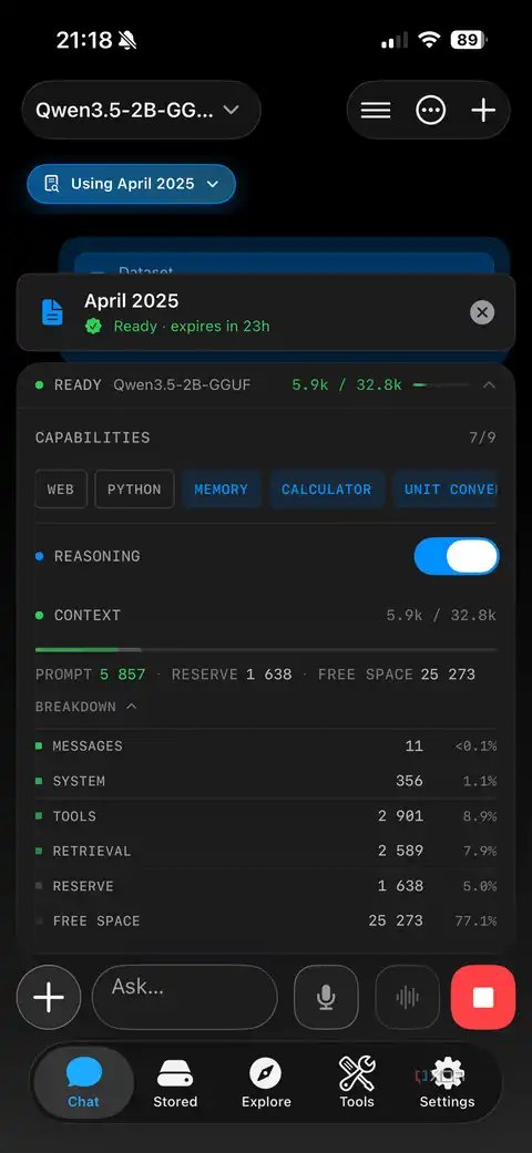 noema chat with April 2025 dataset showing capabilities and context breakdown