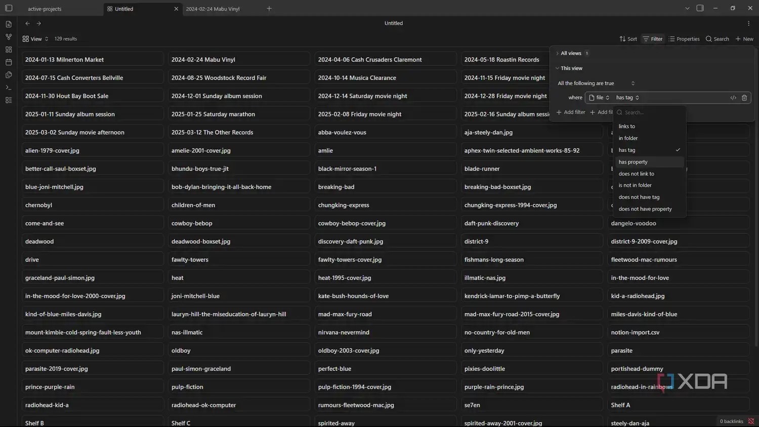 obsidian bases filter type picker with has tag and folder options